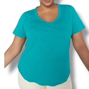 LANE BRYANT Short-Sleeve Deep V-Neck Linen Tee - 18/20 Columbia Teal